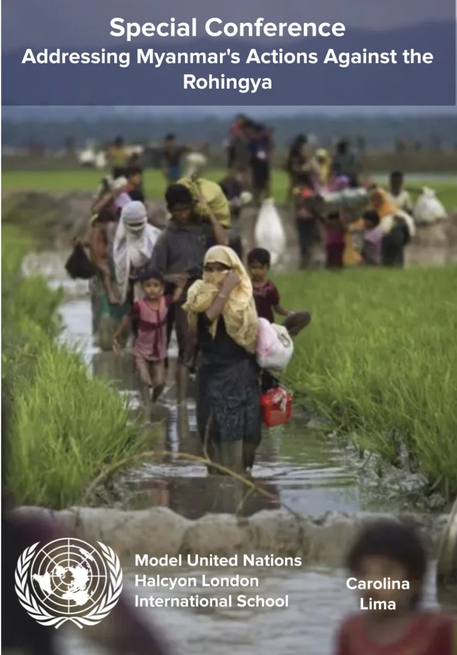 People crossing a flooded paddy field during a conference on Myanmar's actions against the Rohingya, organized by Model United Nations, Halcyon London International School, with Carolina Lima named.