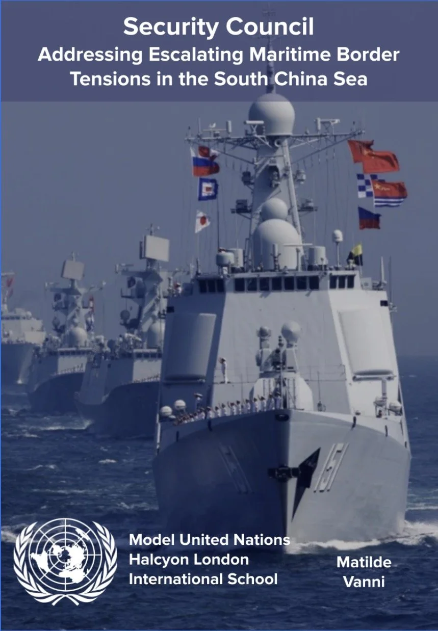 Military ships sailing in the ocean with flags and radar systems on deck, as part of a presentation on maritime border tensions in the South China Sea, presented by Model United Nations Halcyon London International School, authored by Matilde Vanni.