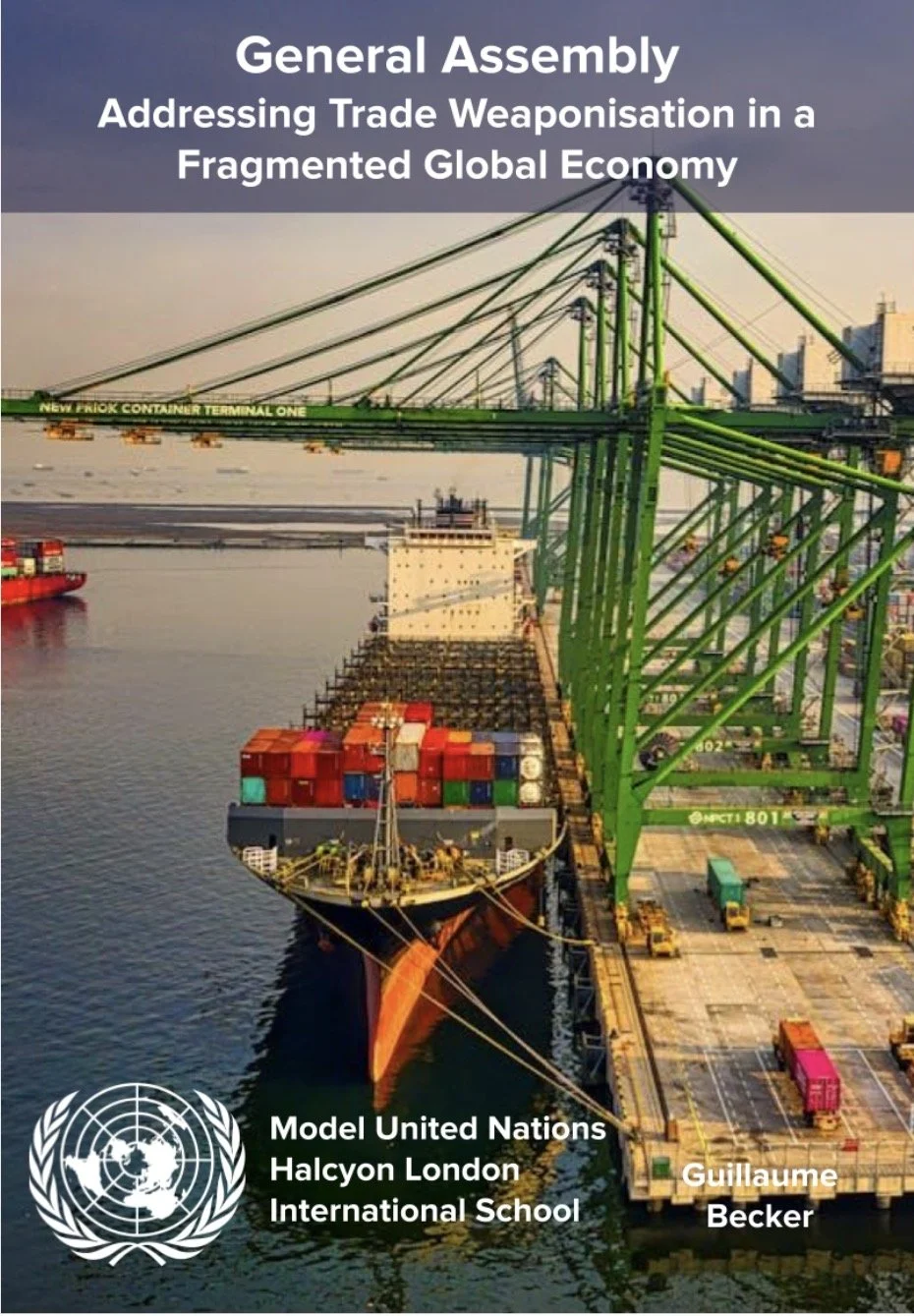 A cargo ship docked at a port with green cranes, with containers stacked on the ship and colorful containers on the dock. The background shows a city skyline and a clear sky.