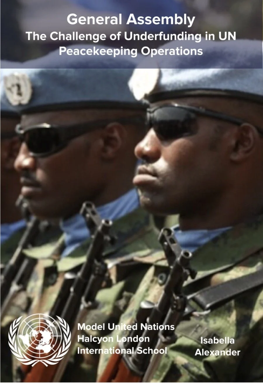 Cover page for a presentation titled 'General Assembly: The Challenge of Underfunding in UN Peacekeeping Operations,' featuring a close-up of two uniformed soldiers wearing sunglasses and camouflage uniforms, with the UN emblem and text indicating it is from Model United Nations at Halcyon London International School, authored by Isabella Alexander.