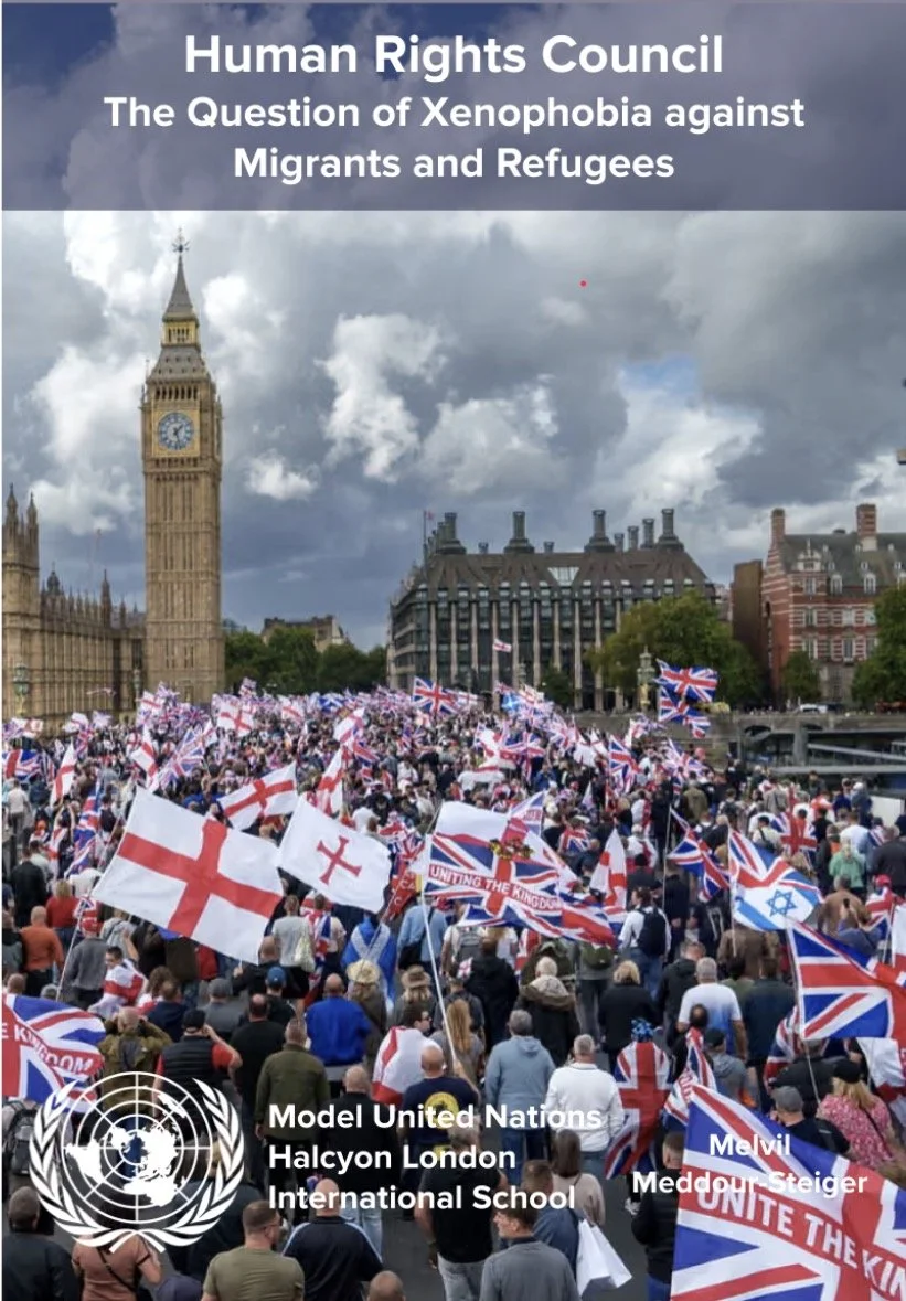 Crowd of protesters waving Union Jack flags and other flags in front of Big Ben in London during a demonstration against xenophobia and for migrants and refugees, featuring banners from the Model United Nations at Halcyon London International School.