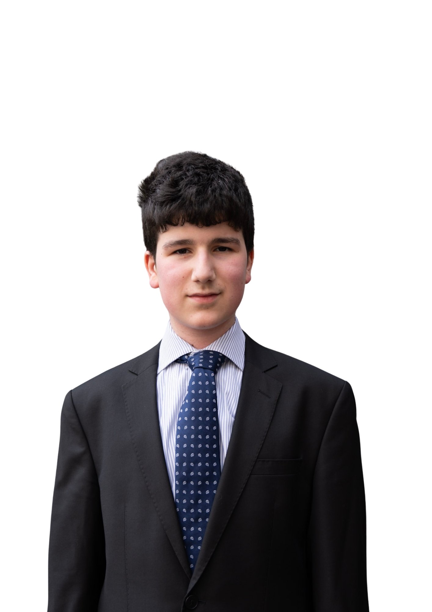 Young man in business suit with striped shirt and patterned tie, standing against a white background.