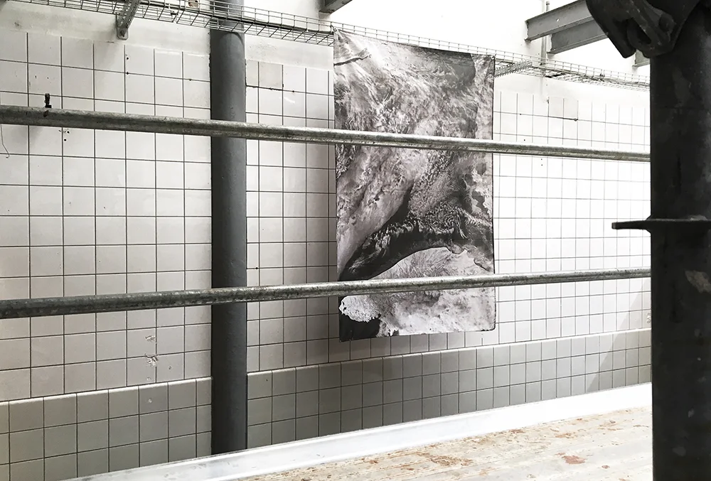 As, Always Just a Matter Of Perspective II Installation View At Quartier General Art Center, Switzerland 2017, Dye on synthetic sail, 180 x 120 cm