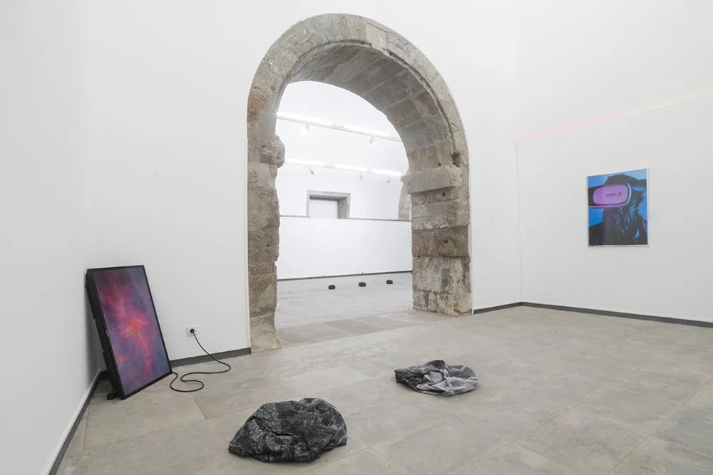 Matter / Non_Matter Installation View At MAH Museum, Azores (Right Ivan Divanto) Curated By no.stereo and TAL Projects 2017, Gif on LCD, Screens, Dye on Synthetic Sail