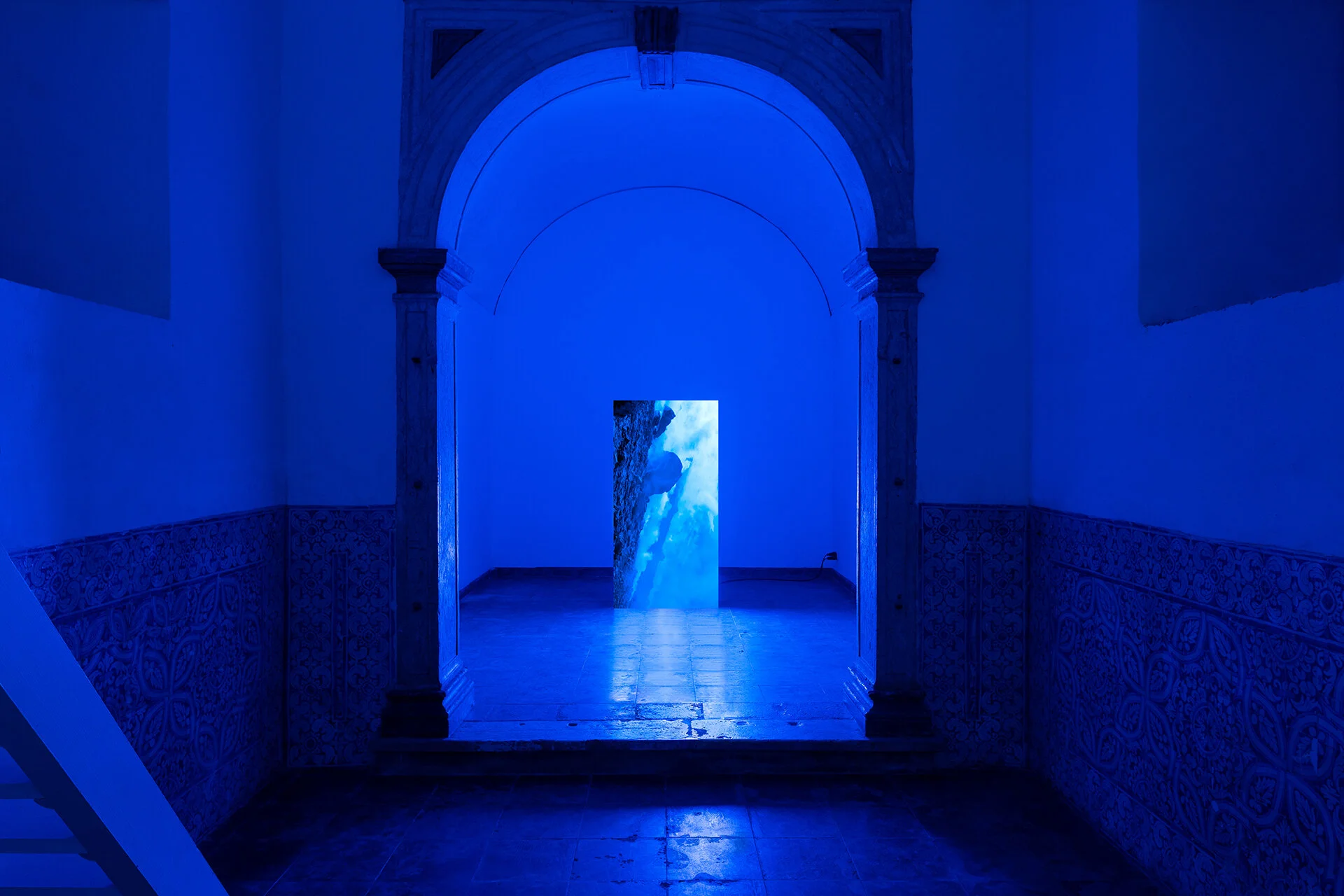 INHALE, EXHALE (self breathing kit)  2020, Full HD Video on Led Wall 3m57s, 200x100cm Installation view at Travessa da Ermida, Lisbon Curatorial Text:  Borbála Soós