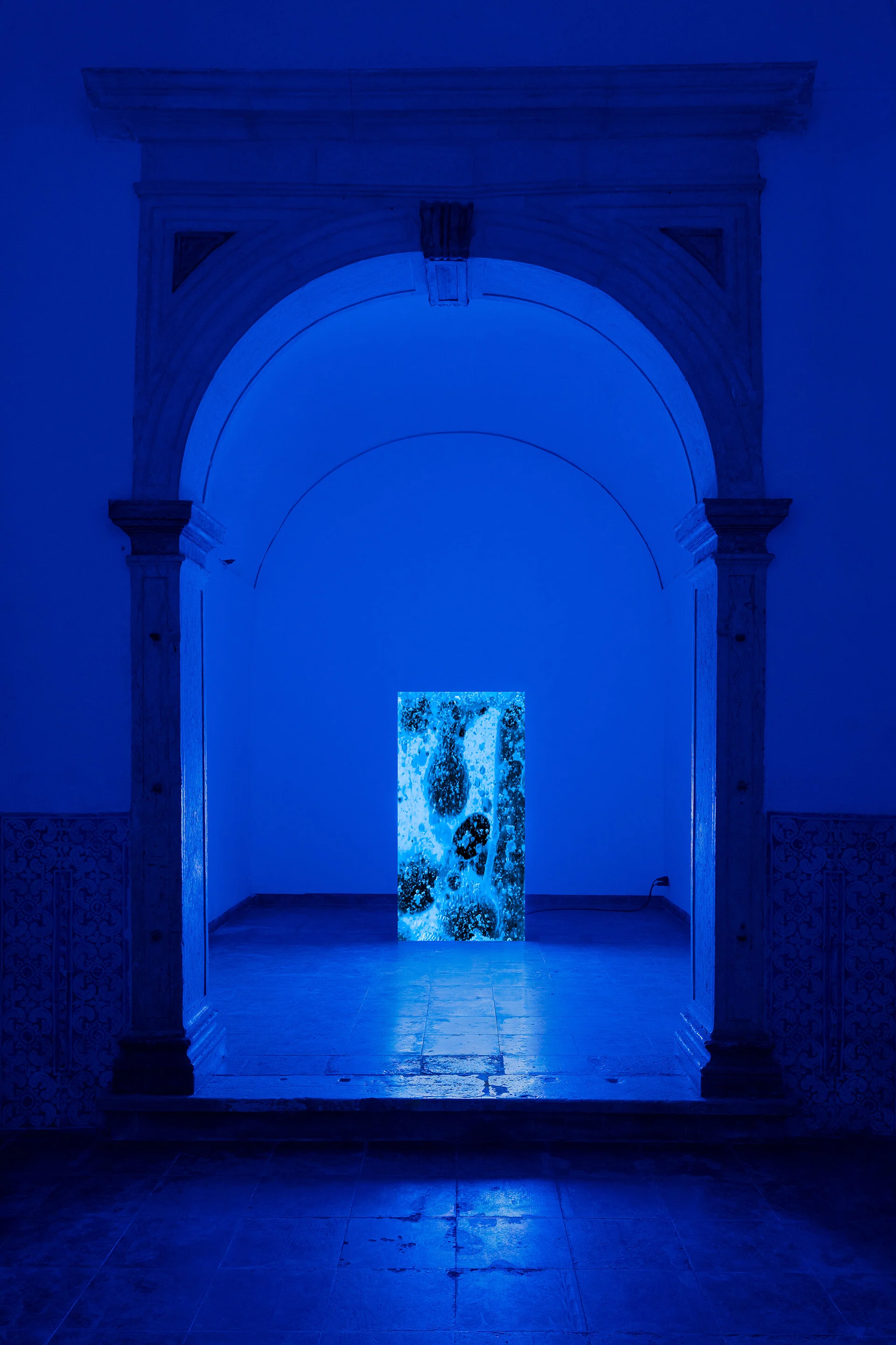 INHALE, EXHALE (self breathing kit)  2020, Full HD Video on Led Wall 3m57s, 200x100cm Installation view at Travessa da Ermida, Lisbon Curatorial Text:  Borbála Soós