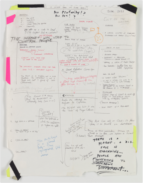 “Study for a Christian Novel,” Seth Price, 2001-2002. Pen, graphite, and tape on paper.