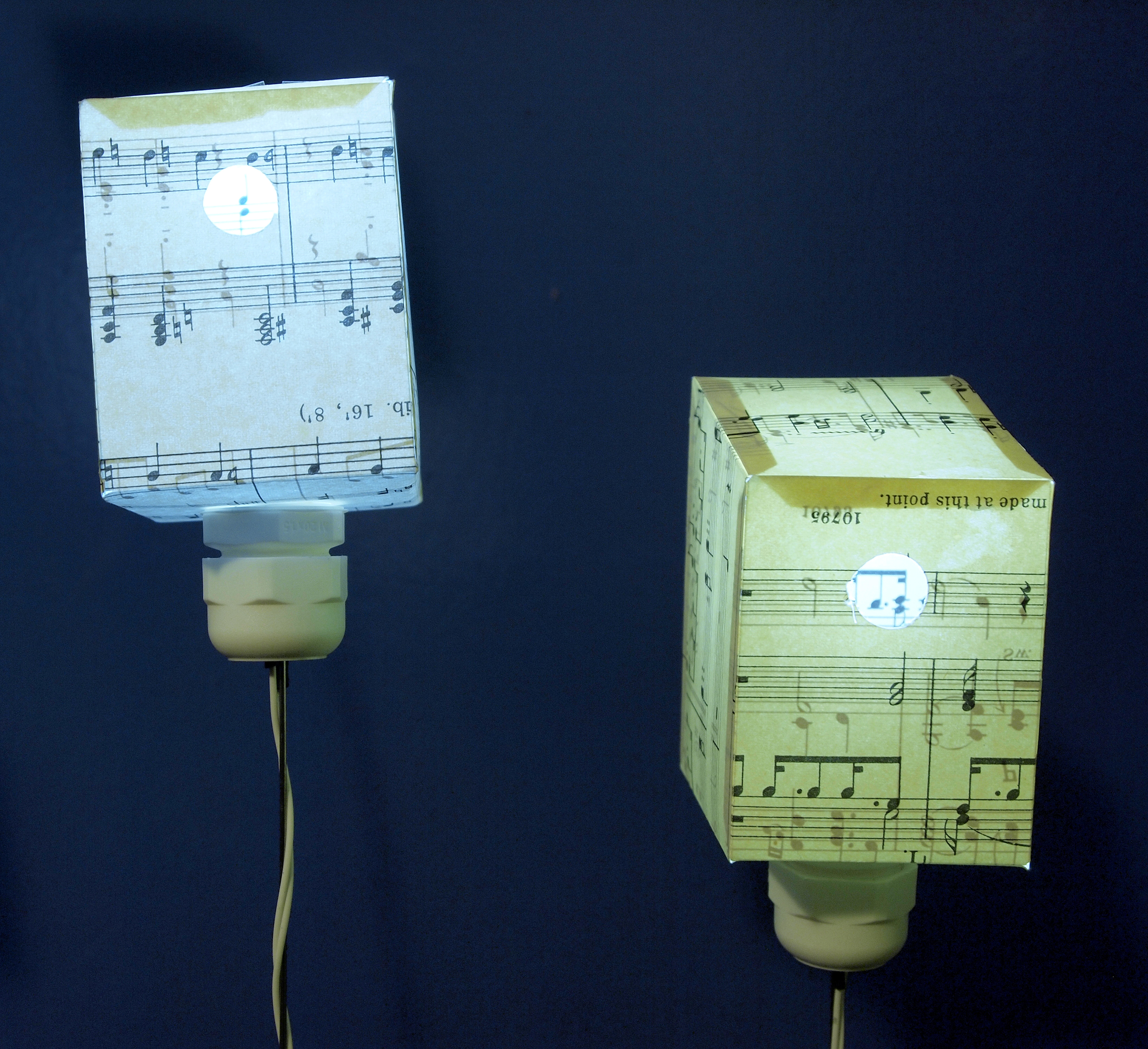 making notes, two illuminated birdboxes