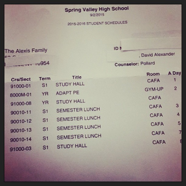 Mrs. Alexis received this schedule for her son this morning.  This is beyond OUTRAGEOUS.