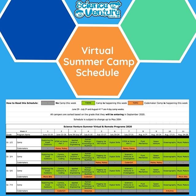 🎉Presenting ScienceVenture's Online Summer Camps! 
Join us for excellent #STEM experiences for youth of all ages this summer.

Find the weekly virtual summer camp themes below. Link in bio for more information regarding the format of online summer c
