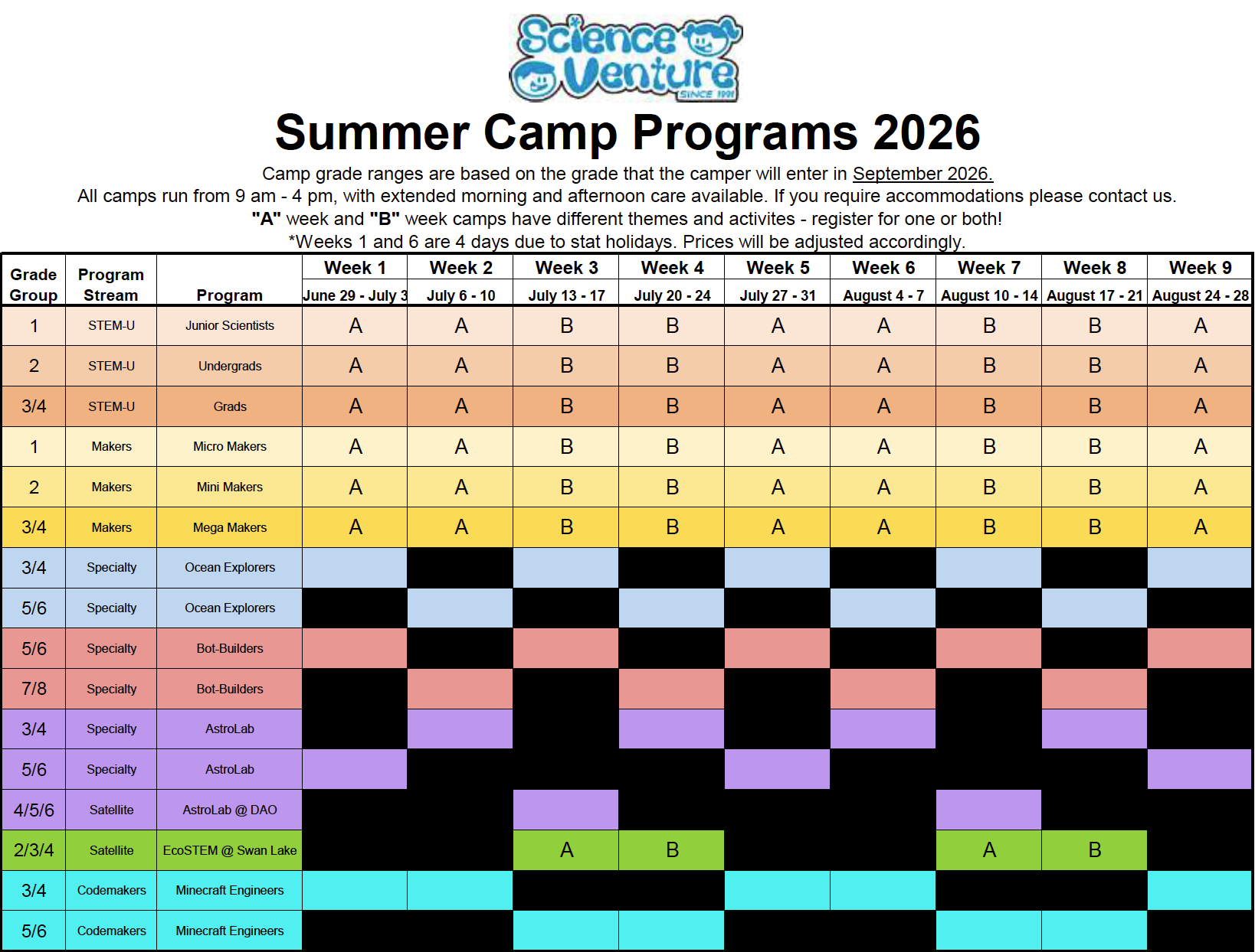 2026 Summer Camp Schedule