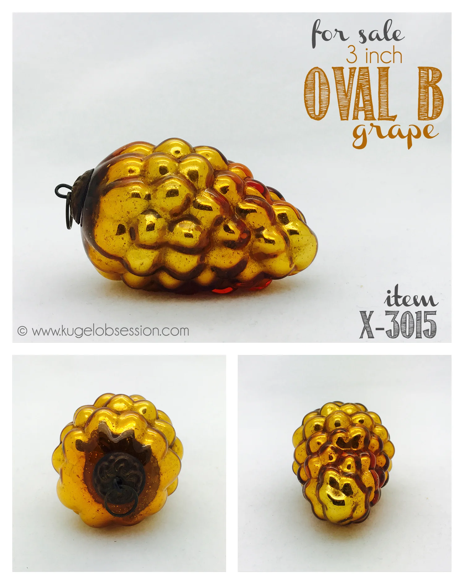 antique kugel christmas ornament for sale 3" amber oval grape X-3015 #kugelobsession #collectkugels #antiquekugel #christmasornament
