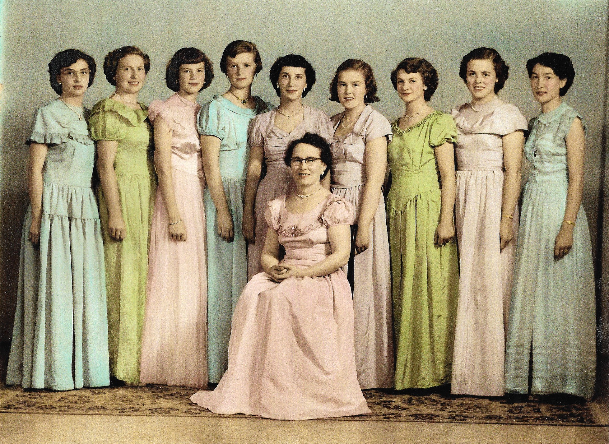 Cupidores 1950 Left to right in the photo: Donelda Jackson, Betty Wray, Sandra Nickel, Marion Burns, Jean Askin, Audrey VanCamp, Billie McNeelands, Glenna Scott, Marie McCallum. Bessie Jobb (seated).
