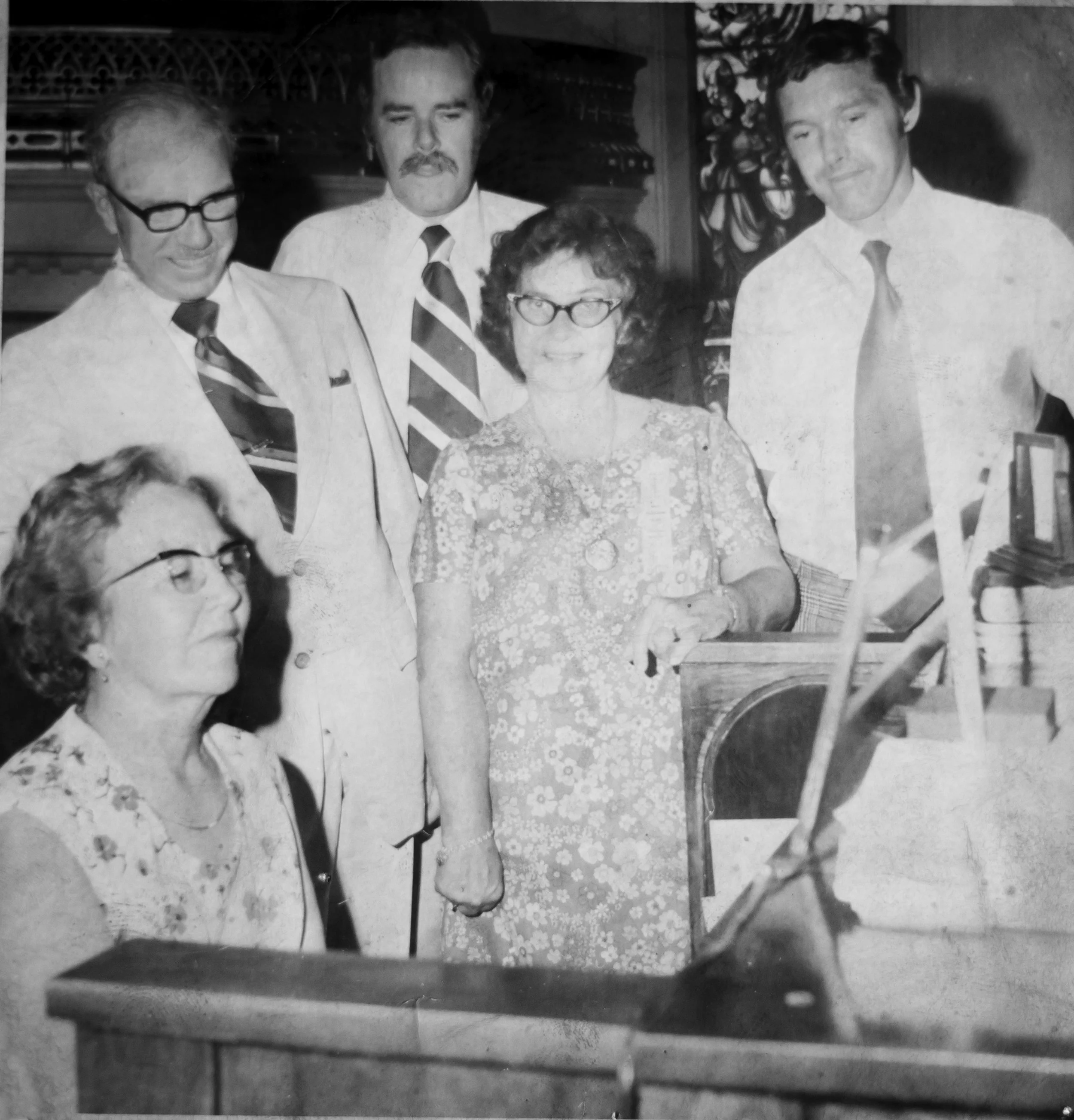 Quartet with Bessie Jobb at Organ L-R: Bessie Jobb (at organ); Halley Nickel, David Livingstone, Alexa Thompson, Jim Henderson