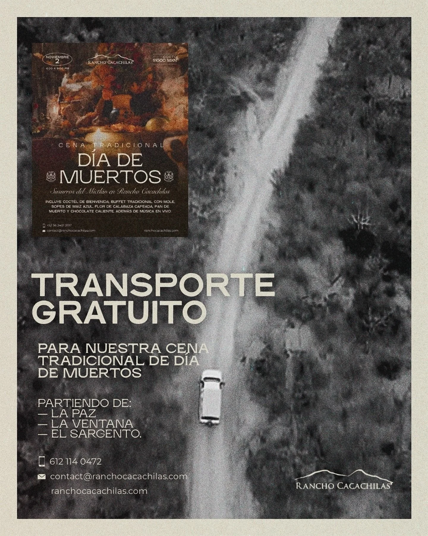 ¿Nos acompañarás a la tradicional Cena de Día de Muertos de Rancho Cacachilas? 
Te ofrecemos servicio de transporte gratuito saliendo de La Paz (ruta desde Puerta Cortes, hoteles intermedios y zona centro) hacia La Ventana