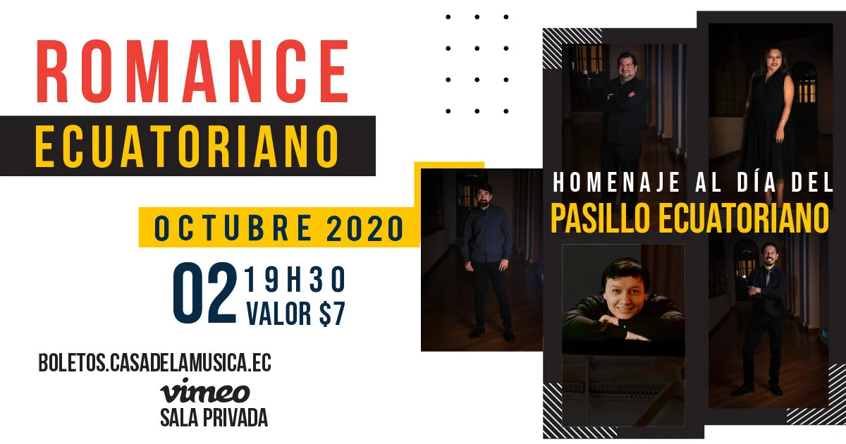      

 
   La Casa de la Música presenta Romance Ecuatoriano, un extraordinario Homenaje al Pasillo Ecuatoriano.  Transmisión desde la Sala de Conciertos de la Casa de la Música a través de Vimeo Sala Privada. Valor $7 
 






















    
