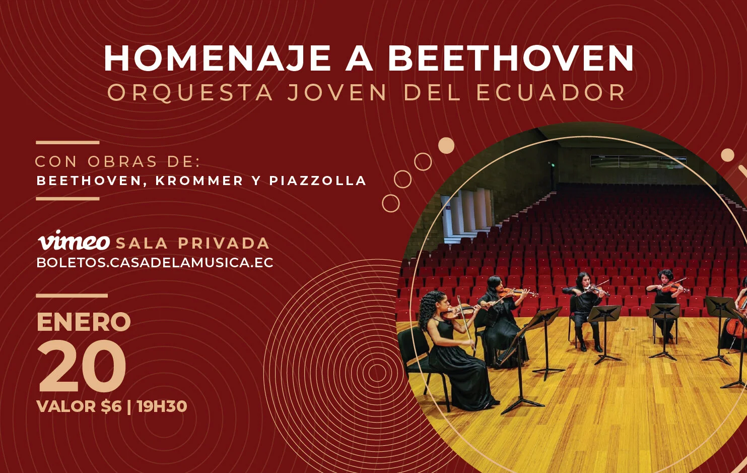 Concierto online con el Cuarteto de Clarinete y Cuerdas de la Orquesta Joven del Ecuador, el grupo Interact Amazonart y el Cuarteto de Cuerdas Sacha Runa, ganador del concurso de música de cámara Beethoven.  Transmisión a través de Vimeo