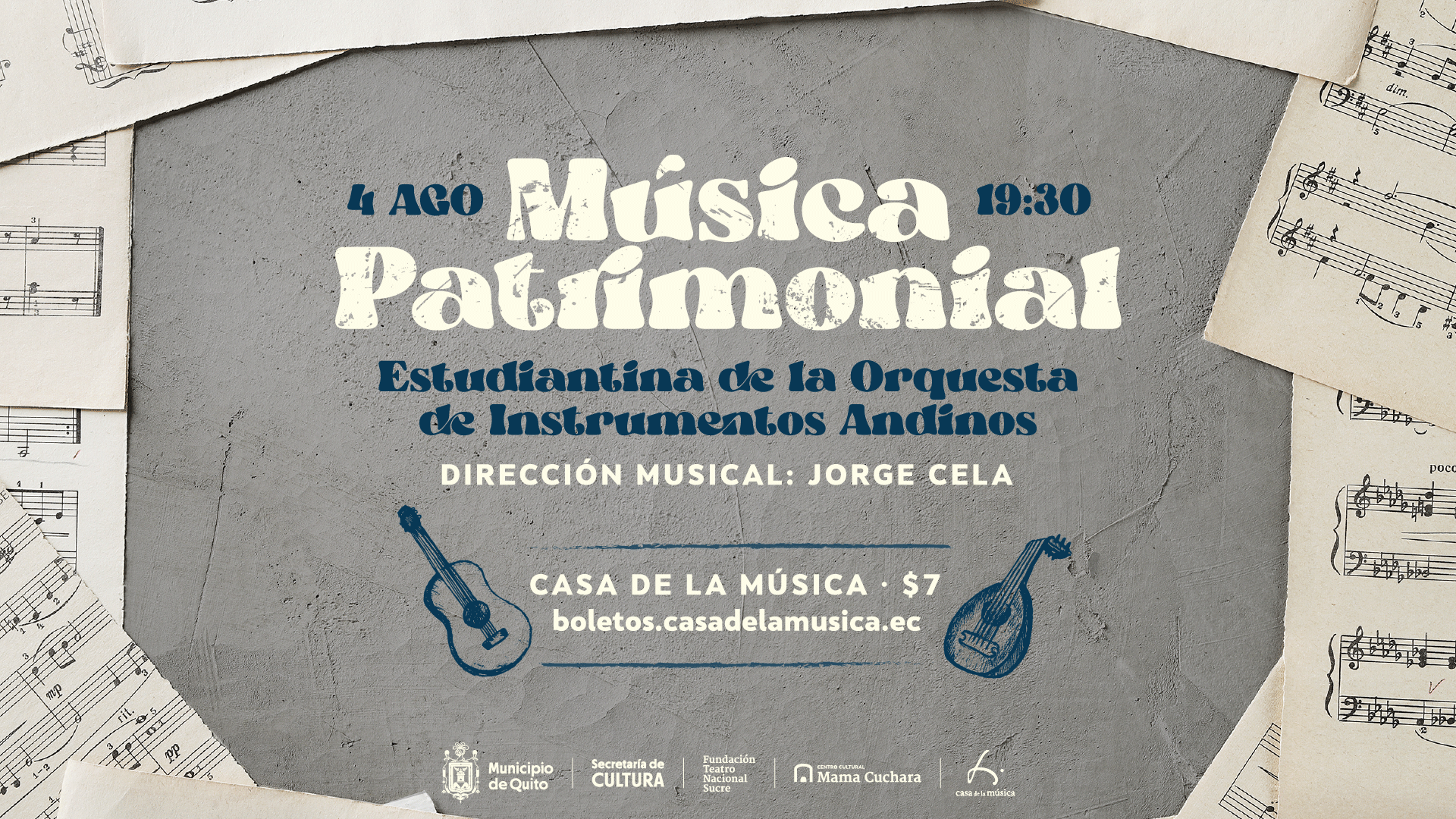      

 
   La Fundación Teatro Nacional Sucre, el Centro Cultural Mama Cuchara y la Casa de la Música presentan a la Estudiantina de la Orquesta de Instrumentos Andinos en un maravilloso concierto con un repertorio de MÚSICA PATRIMONIAL ECUATORIANA.