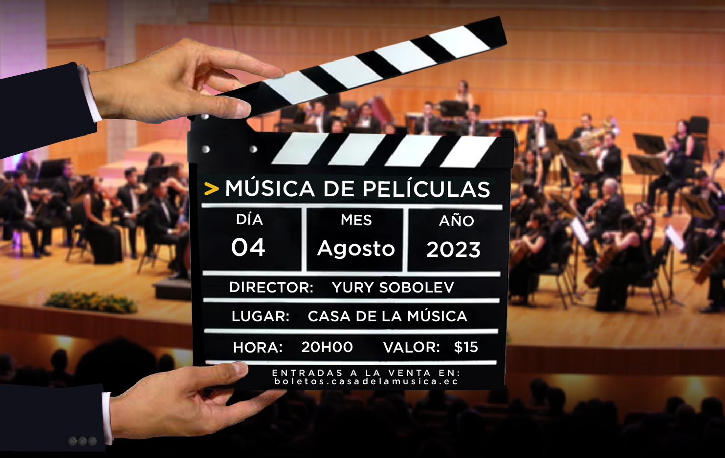      

 
   La Casa de la Música y la Orquesta Sinfónica Nacional del Ecuador presentan&nbsp; MÚSICA DE PELÍCULAS, un maravilloso concierto bajo la dirección del Maestro Yury Sobolev. El programa incluye una selección de temas de películas que marcar