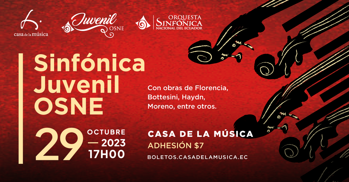      

 
   La Casa de la Música y la Orquesta Sinfónica Nacional del Ecuador presentan a la Sinfónica Juvenil OSNE en un maravilloso concierto de temporada bajo la dirección del Maestro Stalin Pucha y con la participación como solista de Gabriel Rod