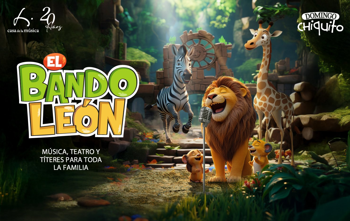 La Casa de la Música en su espacio Domingo Chiquito presenta EL BANDO LEÓN, un espectáculo lúdico e interactivo con música, teatro y  títeres para toda la familia. Esta historia  promueve los valores universales, los derechos de