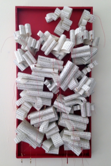 Controlled Chaos (This Will Change Everything II) book pages, wood, metallic thread, beads