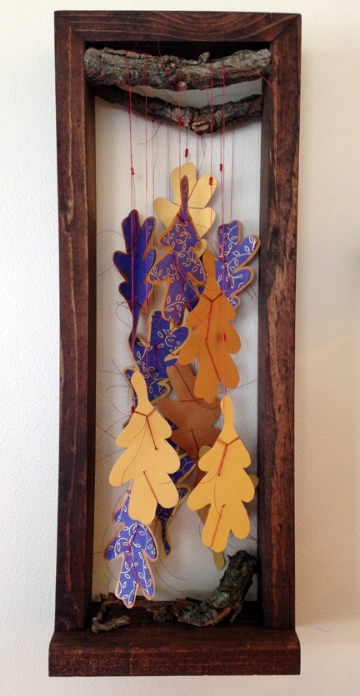 Oak Reinvented: Paper Becomes Tree Blue handmade Nepalese lokta paper, commercially produced paper, branches, wood, metallic thread, beads