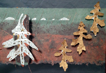 White Oaks Suspended, handmade paper, book page, metallic thread, beads
