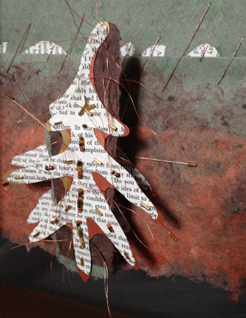 White Oaks Suspended, detail, handmade paper, book page, metallic thread, beads