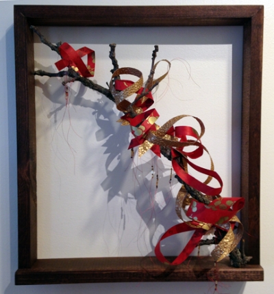 Chinese Brush Painting: Blossom Red (Private Collection), handmade Nepalese lokta paper, branches, wood, metallic thread, beads