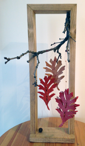 Oak Reinvented: Paper Become Tree, Red I, handmade Nepalese lokta paper, commercially produced paper, branches, wood, metallic thread, beads