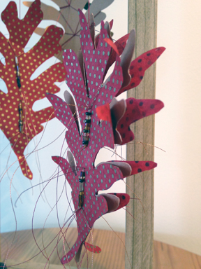 Oak Reinvented: Paper Become Tree, Red I, detail, handmade Nepalese lokta paper, commercially produced paper, branches, wood, metallic thread, beads