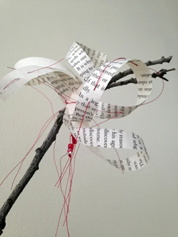 Chinese Brush Painting: Blossom (This Will Change Everything I), detail, book pages, branches. metallic thread, beads