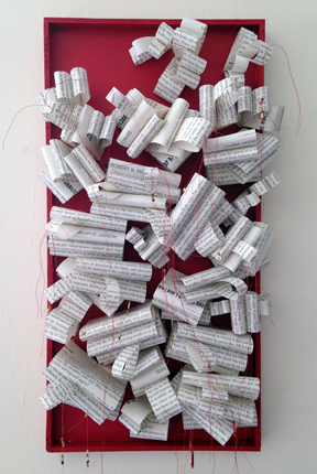 Controlled Chaos (This Will Change Everything II), book pages, wood, metallic thread, beads