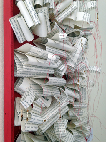 Controlled Chaos (This Will Change Everything II), detail, book pages, wood, metallic thread, beads