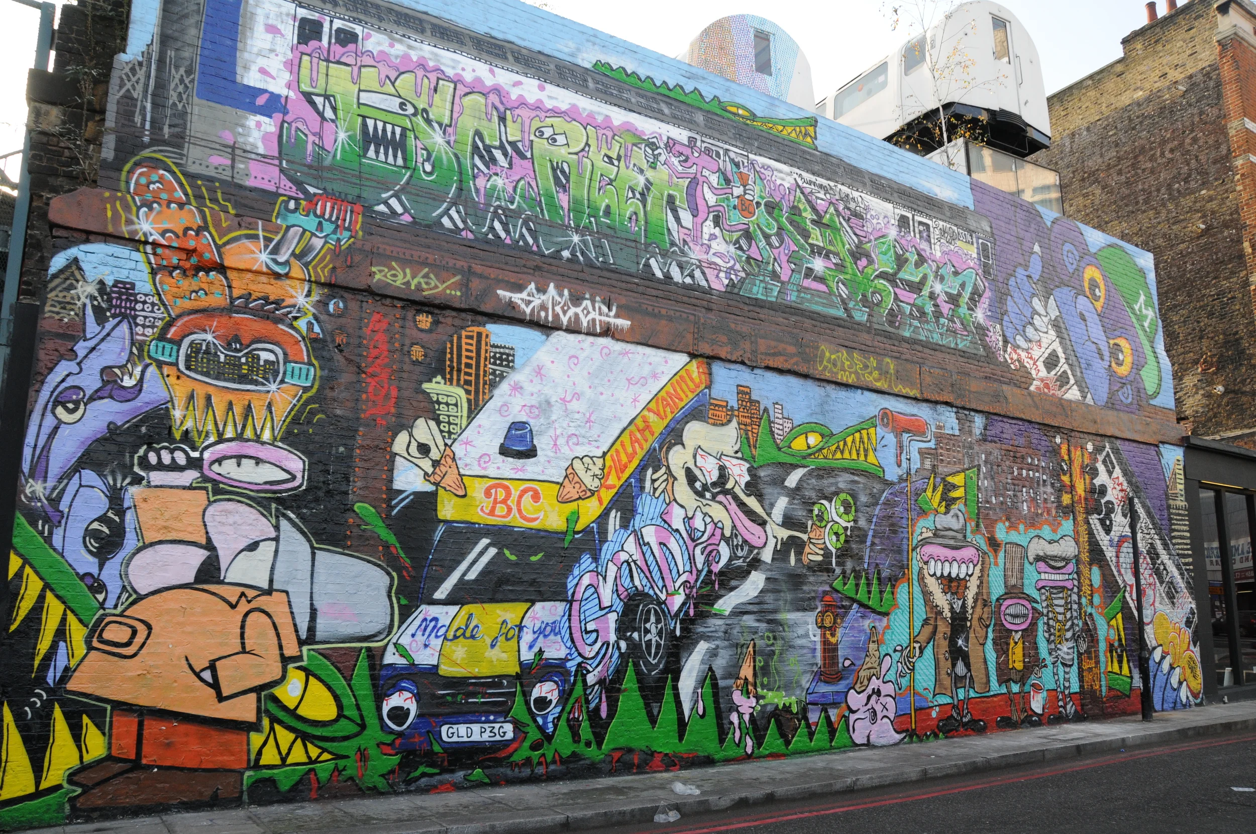 Members of the Burning Candy crew (Cyclops, Dscreet, Gold Peg, Mighty Mo, Rowdy, Sweet Toof, and Tek33) at Village Underground. London, England. 2009. (curator/project manager)