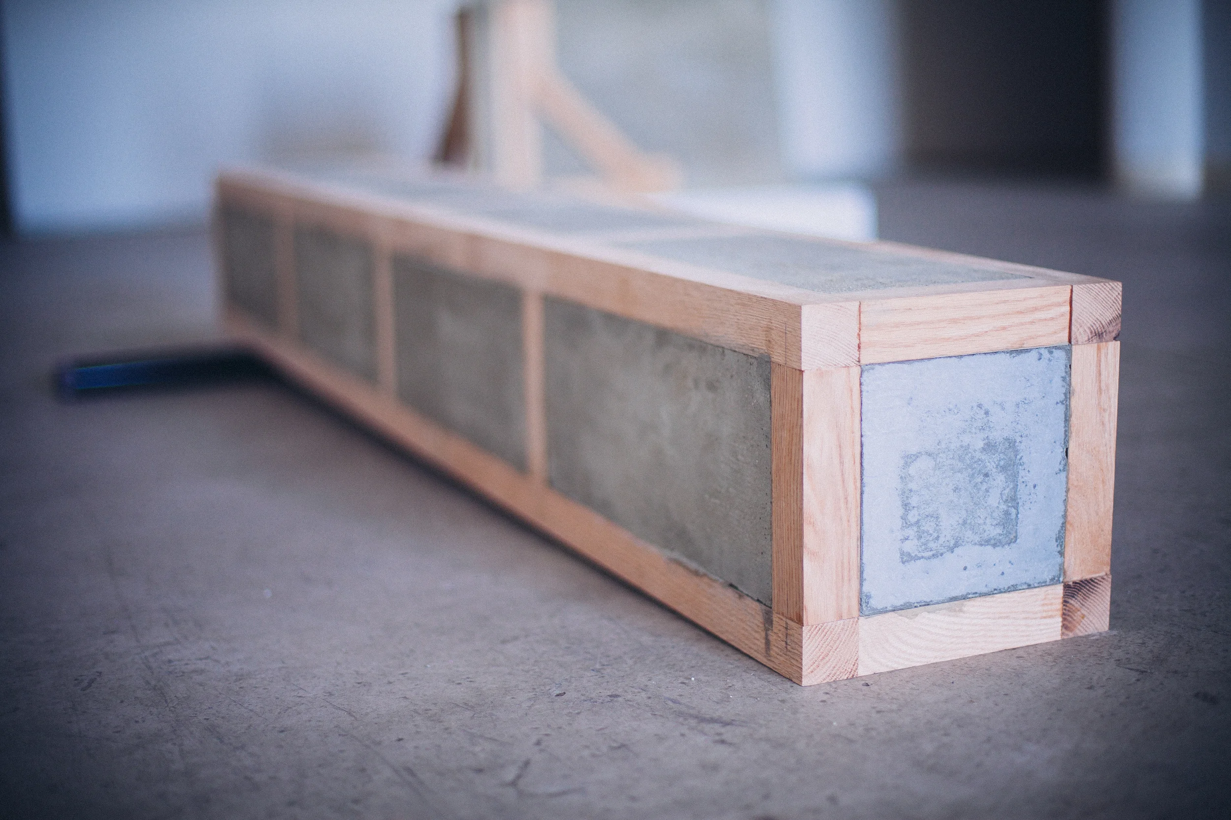 Tired Beam , DETAIL Red Oak, Concrete, Wire, Pipe 9" x 9" x 66"