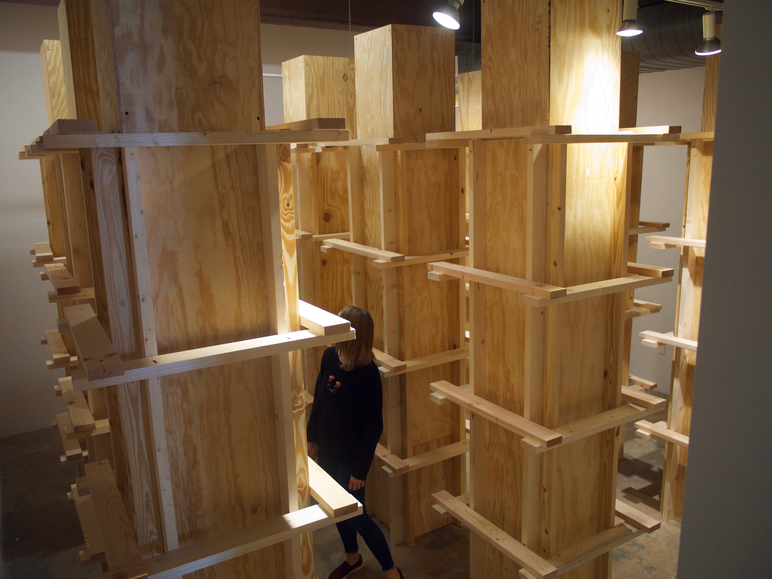               New Urbanism , 2018  Site Specific Installation, Pine, Plywood, Screws  Cube - VAE Raleigh N.C 