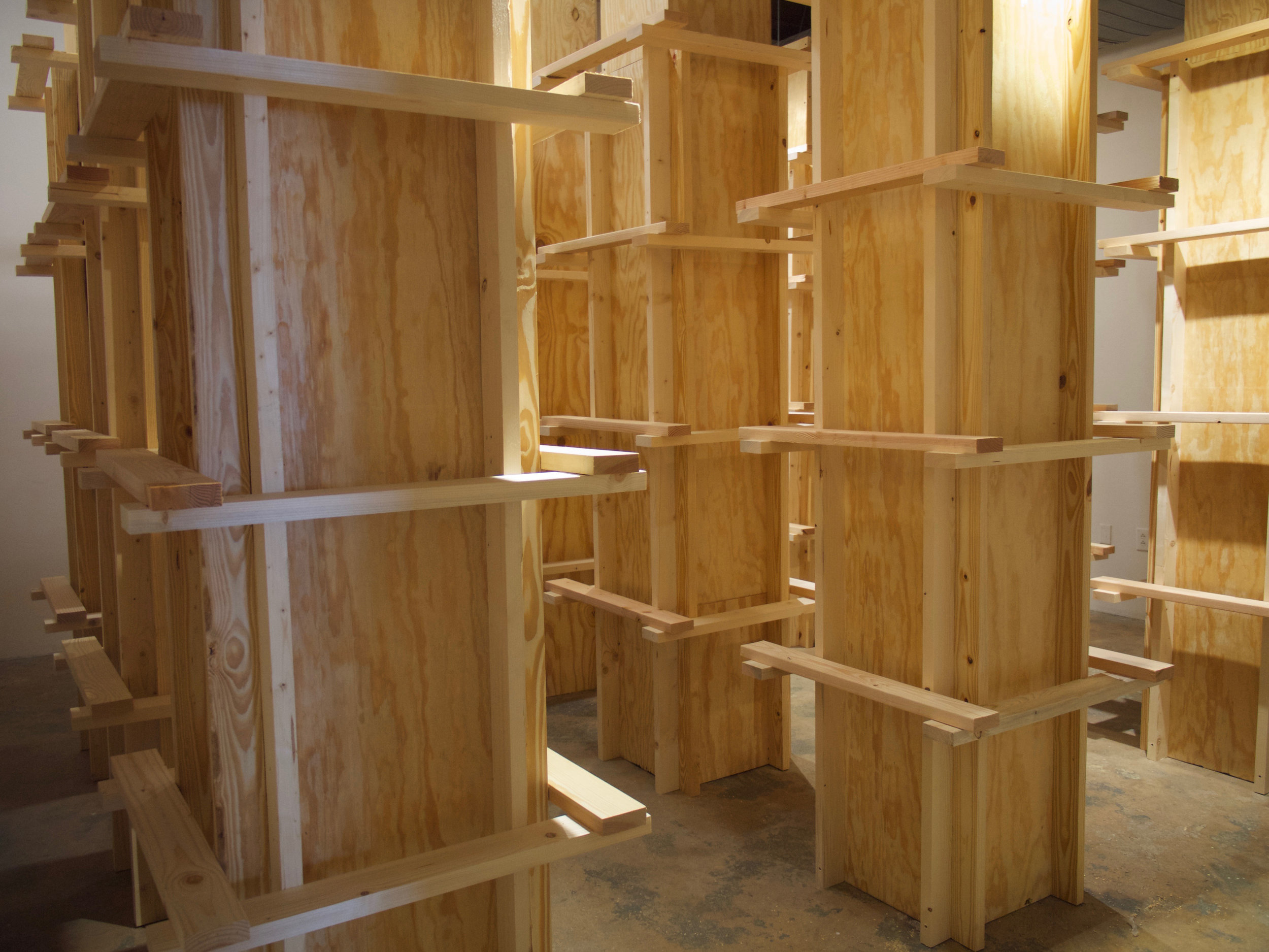             New Urbanism , 2018  Site Specific Installation, Pine, Plywood, Screws  Cube - VAE Raleigh N.C 