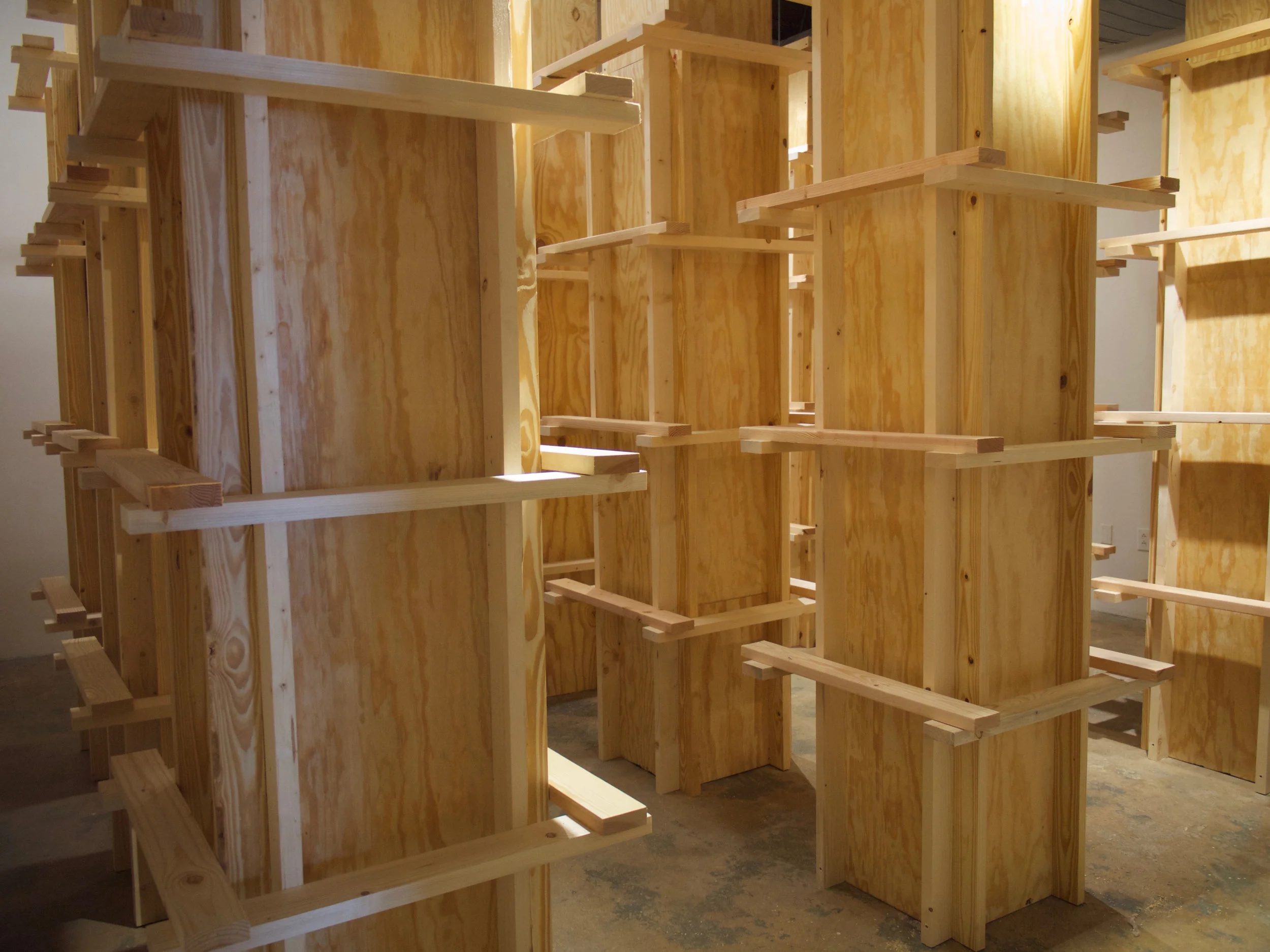 New Urbanism , 2018 Site Specific Installation, Pine, Plywood, Screws Cube - VAE Raleigh N.C