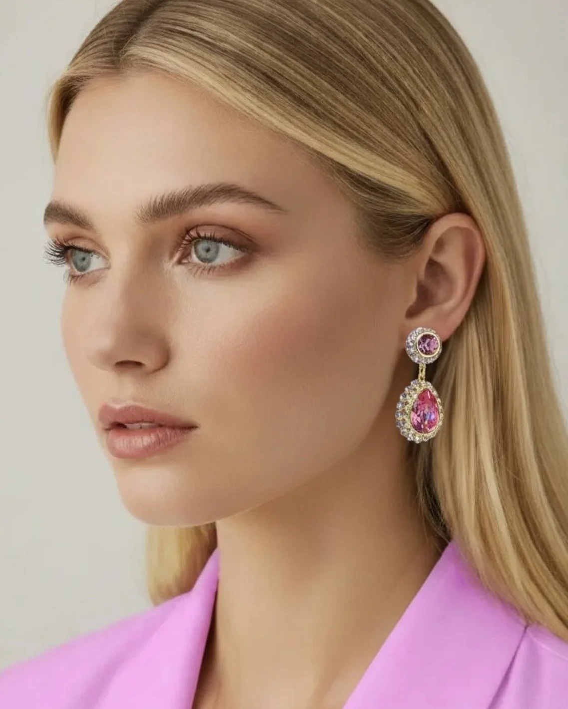 Gold Pink Rose Teardrop Crystal Earrings (Clip or Pierced)