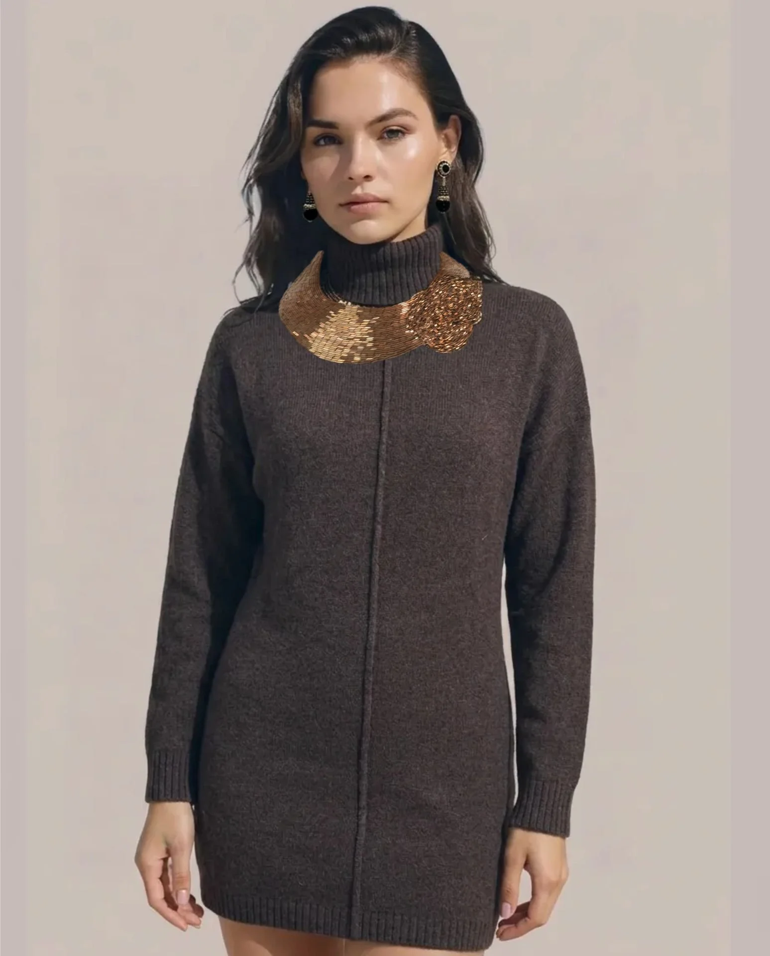 Elegant Brown Turtle Neck Sweater with Beaded Neckline