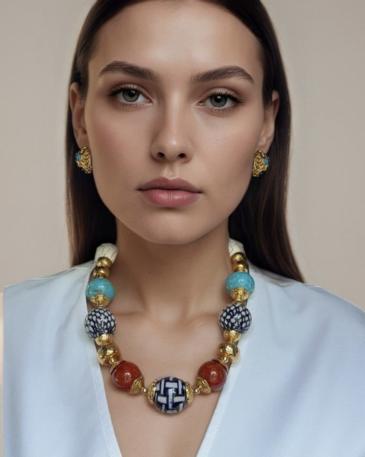 Basketweave Ceramic, Turquoise, Rust, Striped Agate, Gold Bold Single Strand Necklace