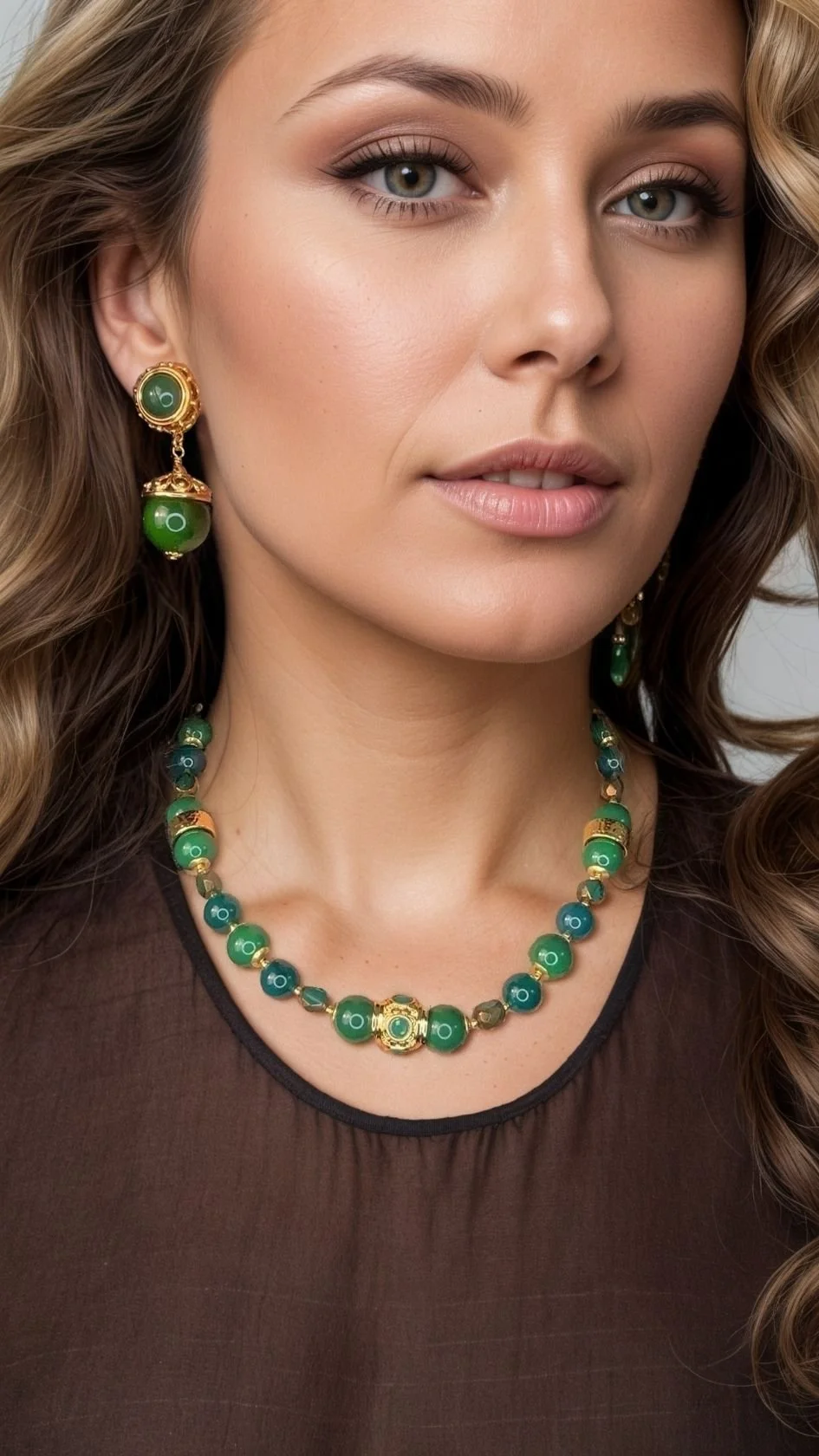 A woman wearing green and gold jewelry, including earrings and a necklace, with styled wavy hair and a brown top.