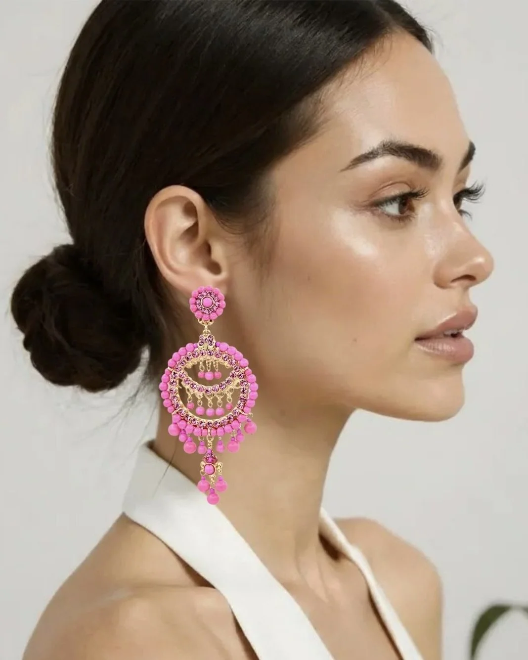 Bright pink circle chandelier earrings