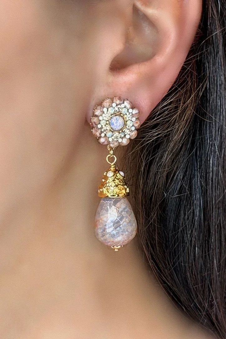 Nude Agate Rosette Earrings With Drop