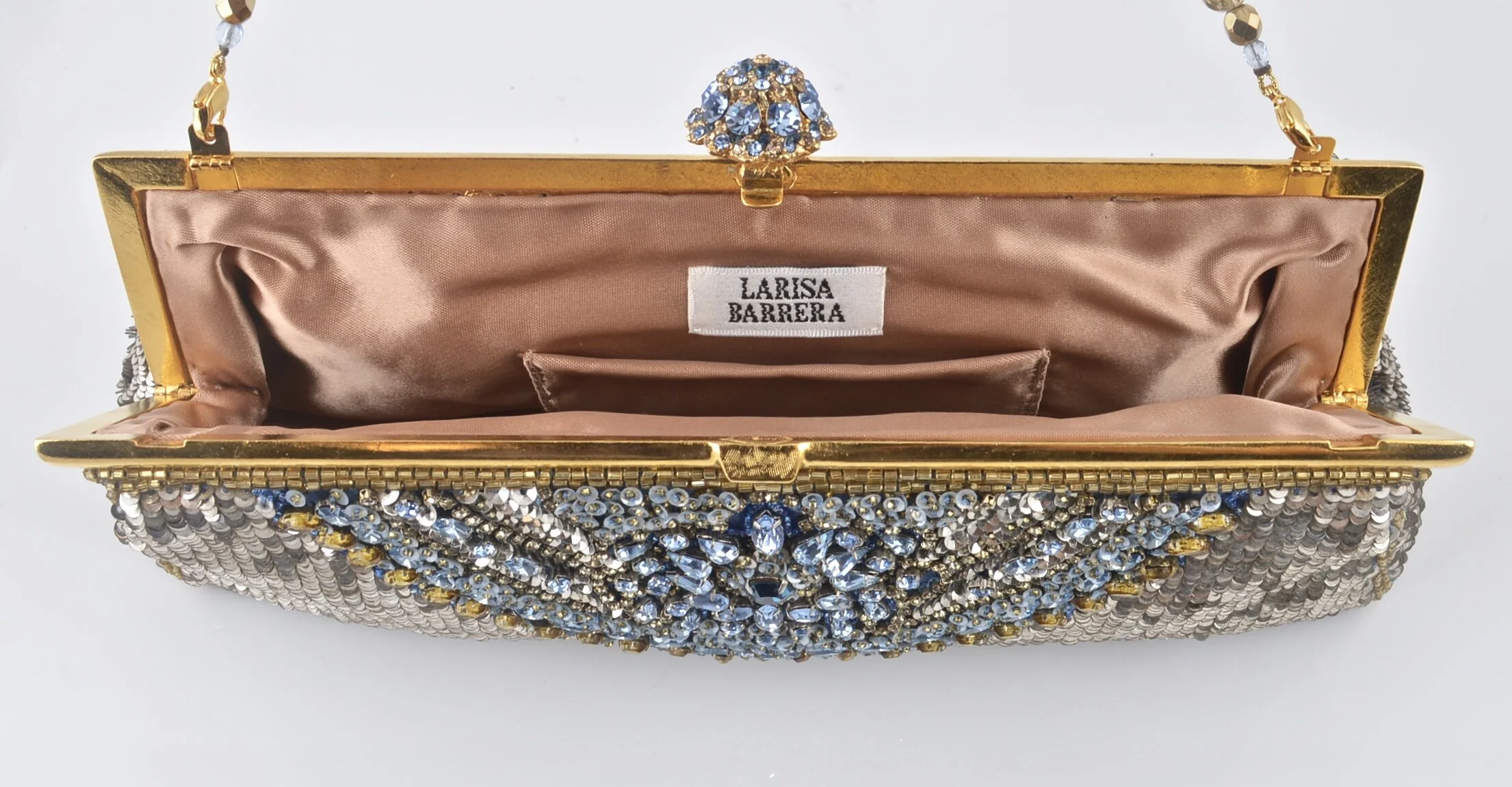 Larisa Barrera-Lite gold and Aqua Beaded clutch Shape Evening Bag