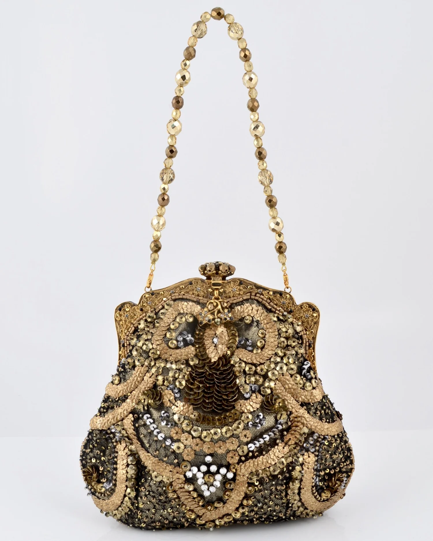 Larisa Barrera-Antique Gold Embroidered Pouch Shape Evening Bag