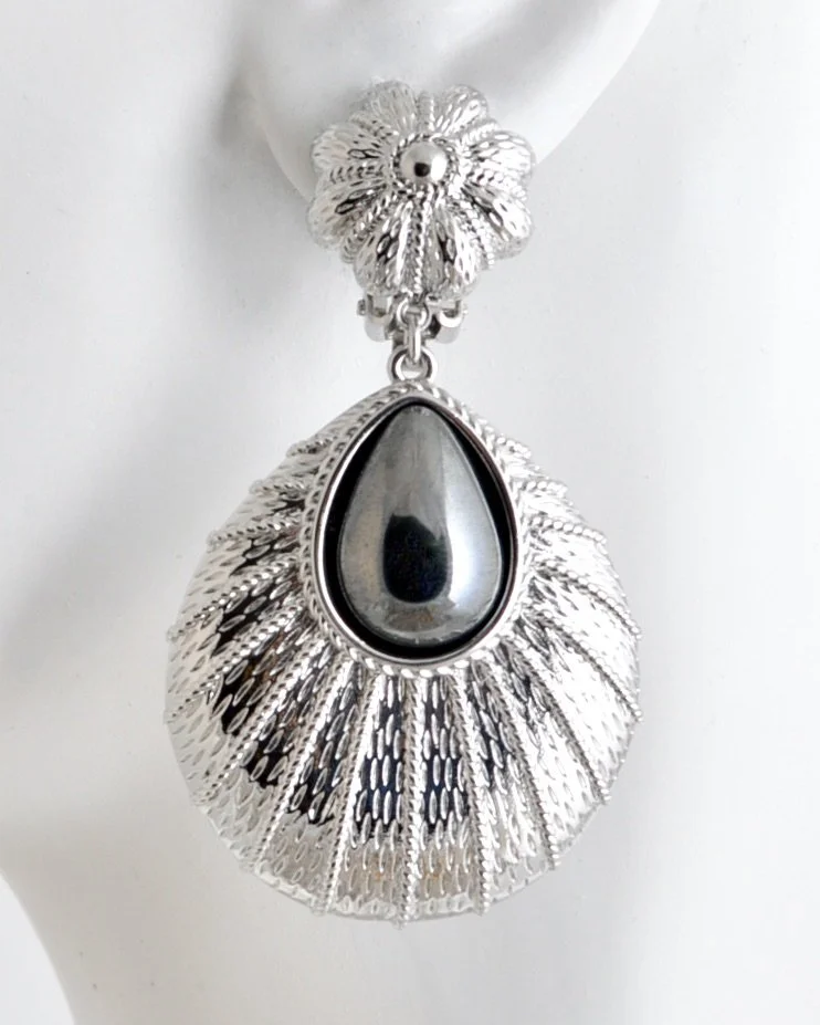 Hematite Glass On Rhodium Etched Teardrop Clip Earrings- close up