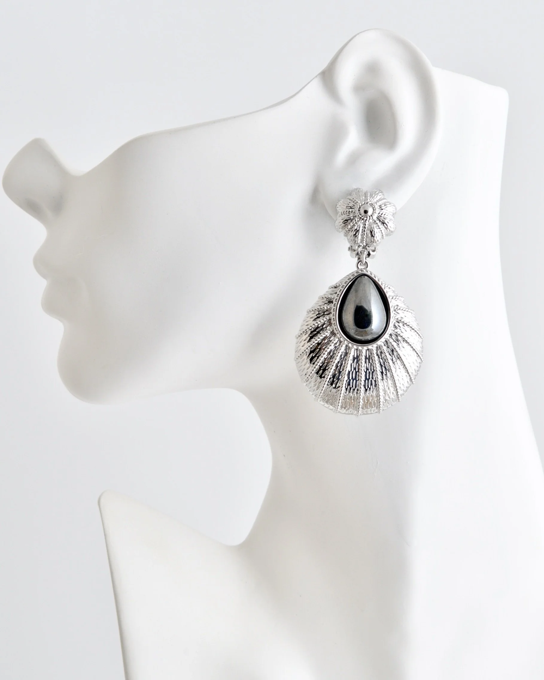 Hematite Glass On Rhodium Etched Teardrop Clip Earrings-far view